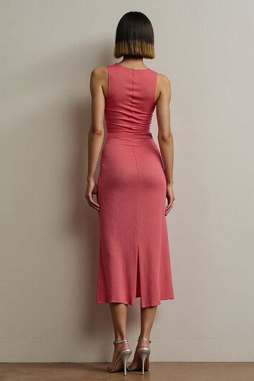 Red Sheath Midi Round Neck Work Dress